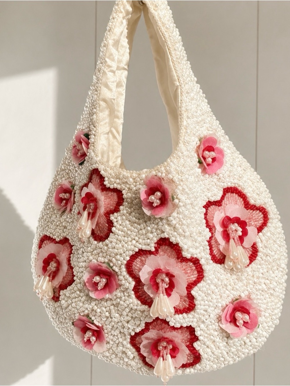 🌸 Handmade in India Pearl & Floral Beaded Shoulder Bag